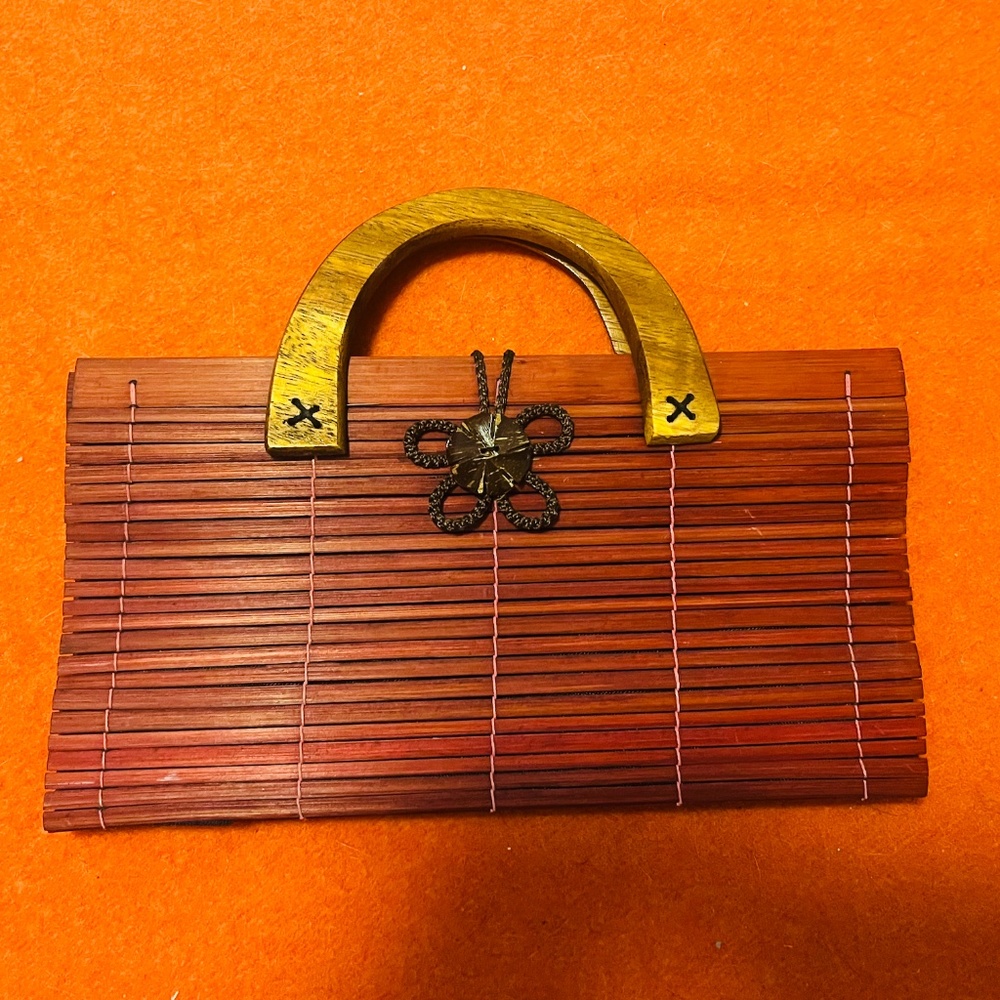 Vintage burgundy brown boho wooden bag purse NWOT